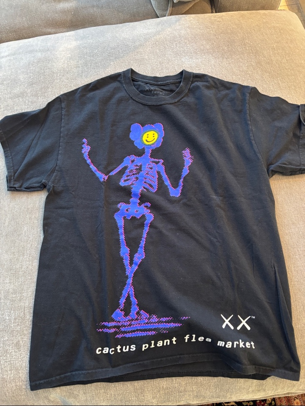 Cactus Plant Flea Market Black Tee with Purple Skeleton and Yellow Smiley